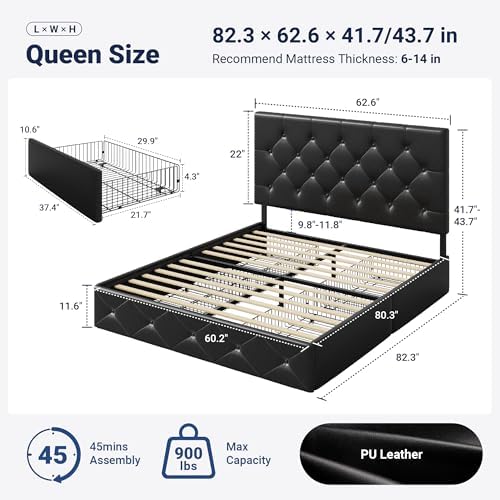 Allewie Queen Size Storage Bed Frame with 4 Underbed Drawers, Black