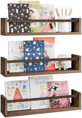 Fixwal Floating Nursery Book Shelves for Wall, 16.5in, Set of 3, Brown | Solid wood shelves store kids' books, toys and clothing. Fits kids' room, playroom, nursery, living room, bedroom & bathroom.
