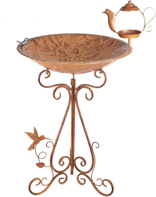 VEWOGARDEN Large Metal Bird Bath for Outside Garden Standing Birdbath with Feeder for Outdoors Yard Patio Lawn Decoration, Brown