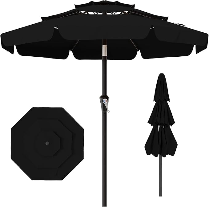 AreShark 9FT 3-Tiers Patio Umbrella with Valance, Outdoor Umbrellas with Crank/Tilt, Table Market Umbrella Vented w/ 8 Sturdy Ribs for Garden, Deck, Backyard, and Pool, Black