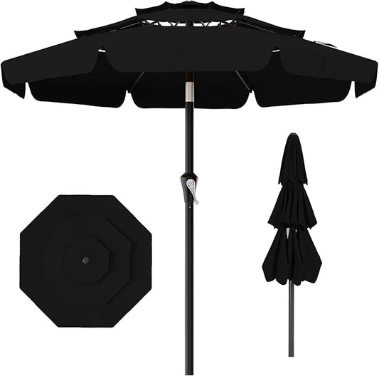 AreShark 9FT 3-Tiers Patio Umbrella with Valance, Outdoor Umbrellas with Crank/Tilt, Table Market Umbrella Vented w/ 8 Sturdy Ribs for Garden, Deck, Backyard, and Pool, Black