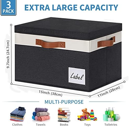 GhvyenntteS Large Storage Bins with Lids (3 Pack), Storage Baskets with Lid and Label Window, Foldable Fabric Storage Boxes with 3 Handles for Home Office College Dorms (Black, 15" x 11" x 9.7")