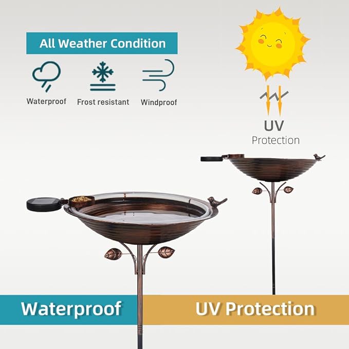 dreamysoul Bird Baths for Outdoors 15" Dia Large Metal Bird Bath with Solar Strip Lights, 5 Prongs Outdoor Copper Birdbath for Lawn Yard Garden Decor
