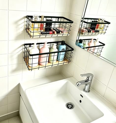 ShabbyDecor Metal Wire Basket for Kitchen Cabinets,Pantry,Bathroom,Set of 2 | Detachable Wood Base Metal Storage Organizer, Farmhouse Hanging Basket