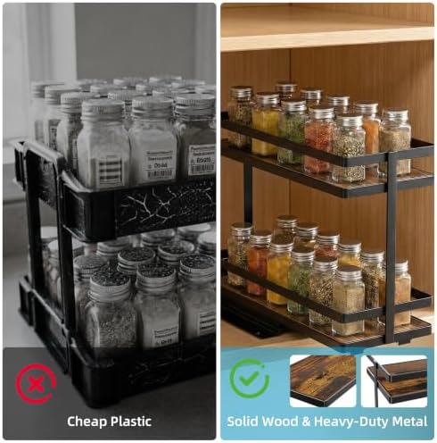 Pull Out Spice Rack 2Pcs Metal & Wood Seasoning Organizer Black | No-Drill Install | Full-Extension Silent Glide | Each Tier Holds 10–12 Standard Spice Bottles | Rustproof, Wipe-Clean Surface