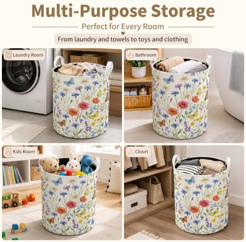 Vintage Wildflower Laundry Basket, Cottagecore Floral Butterfly Waterproof Laundry Hamper Clothes Toys Storage Organizer Bin for Bathroom Bedroom Nursery