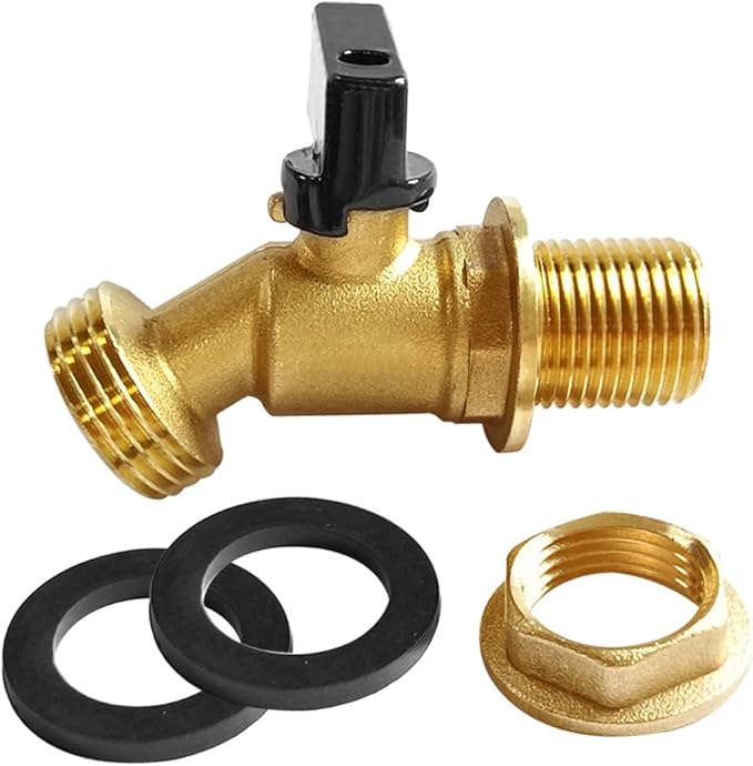 Uenede Brass Water Container Rain Barrel Faucets Spigot 3/4" G Male Thread Large Inlet to 3/4" GHT Male Thread Outlet with Quarter Turn Ball Valve Include Bulkhead Fitting and Washers 2PCS