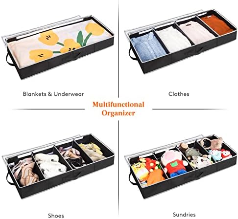 Lifewit Under Bed Clothes Organizer Large Adjustable Dividers Storage Bag with Durable Fabric, Reinforced Handle, 4 Clear Window for Clothing, Shoes, Blankets, Sweaters, Black, 2 Pack