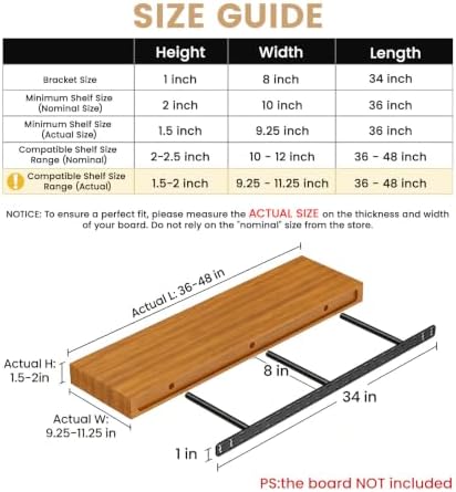 2pcs Floating Shelf Bracket Heavy Duty,Decorative Floating Shelf Hardware Hidden Black Metal Fireplace Mantel Brackets Without Jig (34"X8"X1.0" Without Tools)