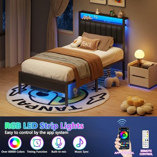 Furnulem Twin Size Bed Frame with Charging Station and LED Lights