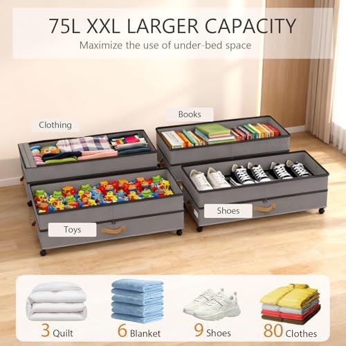 Under Bed Storage with Wheels 2-Pack, 75L XXL Under the Bed Storage Containers Large, 12" Tall Adjustable Storage for Underbed with Lids, Rolling for Clothes, Shoes, Blankets (4PCS-Grey)