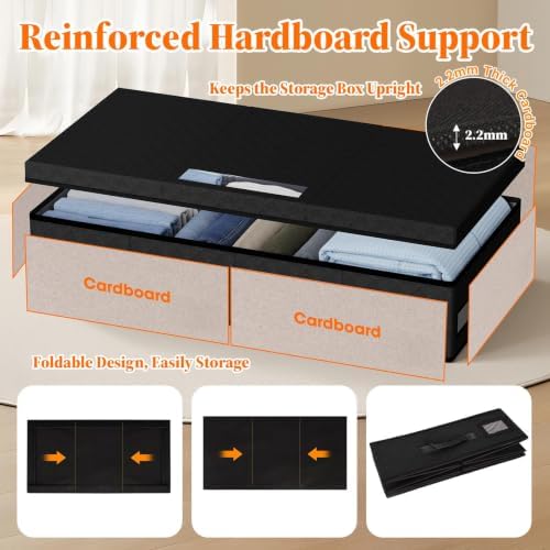 StoreHappily Under Bed Storage Containers with Lids, 2 Pack Foldable Black