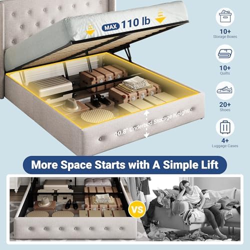 Allewie Queen Size Lift Up Storage Button-Tufted Bed Frame Light Beige