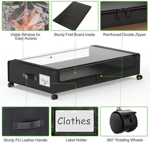 Molutsody Under Bed Storage with Wheels, 4-Pack Underbed Storage Containers with Clear Lids, Under Bed Shoe Storage Organizer, Rolling Under Bed Storage for Clothes Shoes Blankets (Black)