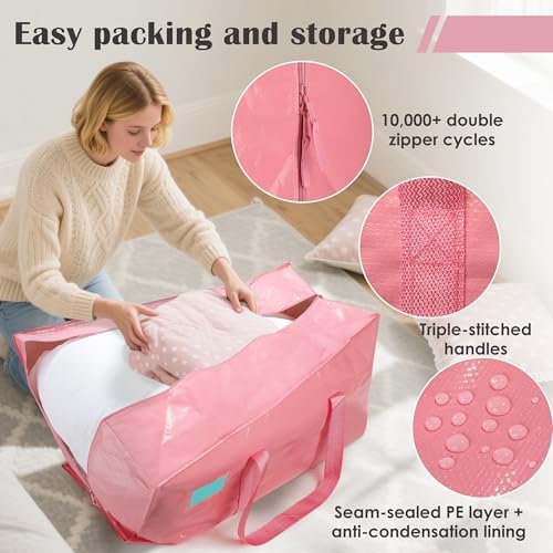 6 Pack Moving Bags with Full-Open Side Zipper, Extra Large 93L Heavy Duty Waterproof Foldable Storage Totes for College Dorm, Moving & Home Organization Pink