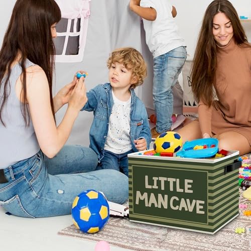 Little Man Cave Boys Storage Bins Box with Handles, Olive Green Striped Boho Collapsible Basket Organizer for Kids Boys Playroom Nursery Room Bedroom Bathroom Books Clothes