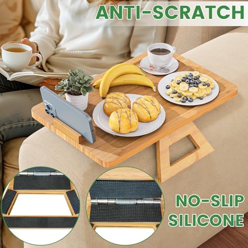 Youpehom Bamboo Sofa Tray,Couch Arm Table, Clip-On Armrest Tray Table for Wide Couch Foldable Tray with 360° Phone Holder Couch Arm Tray for Eating/Drinks/Snacks/Remote