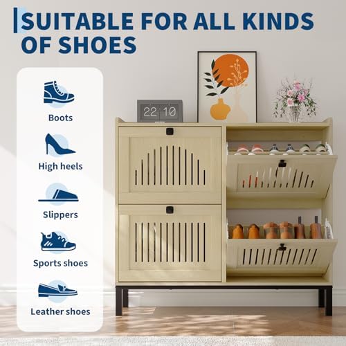 IDEALHOUSE Narrow Shoe Cabinet with 4 Flip Drawers, Natural Oak