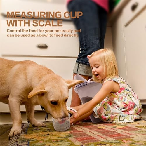 TIOVERY Dog Food Storage Container Small, Cat Food Storage Container Airtight Plastic Dispenser with Graduated Measuring Cup, Pourable Spout and Portable Collapsible Dog Bowl for Pet Food, Birds Seed