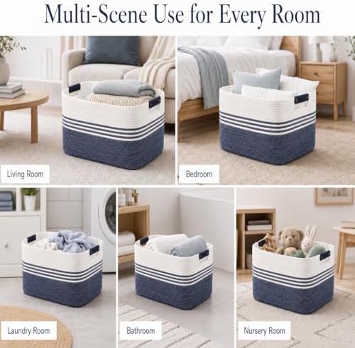 Cotton Rope Laundry Basket Large, 19.2GAL Collapsible Woven Storage Baskets for Living Room Kids Toys Stuffed Animal,Boho Rectangular Decorative Short Hamper for Dirty Clothes, Blankets Denim Blue