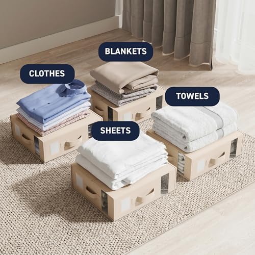 Ornavo Home Linen Bed Sheet Organizer Bins 4 Pack, With Handles, Khaki