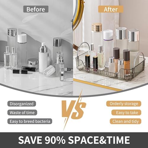 YCIA&DONE Bathroom Organizer Countertop, Makeup Storage, Skincare Cosmetic Tray Shelf, Perfume Holder Rack for Vanity Counter, Large Capacity, Easy to Install, Clean, 1 Tier, Smoky Gray