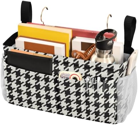 Classic Houndstooth Print Bedside Caddy Storage Bag Bedside Organizer for Bunk Bed Headboards College Organizer Caddy Hanging Shelf 6 Pockets with Hooks for Drinks Magazine Phone Holder