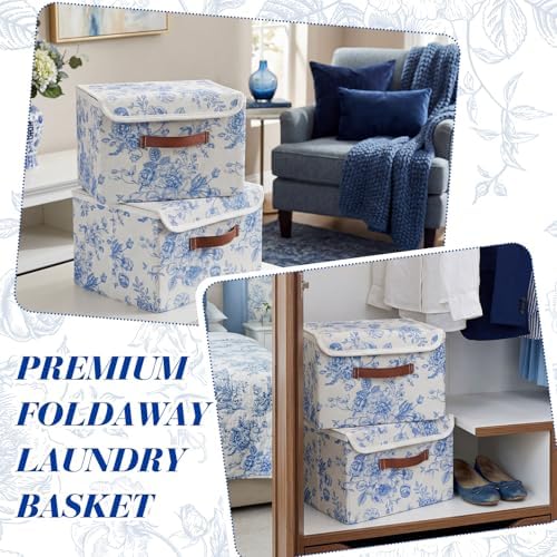 2 Pack Blue Floral Storage Bin with Lids, 10x8x7 Inch
