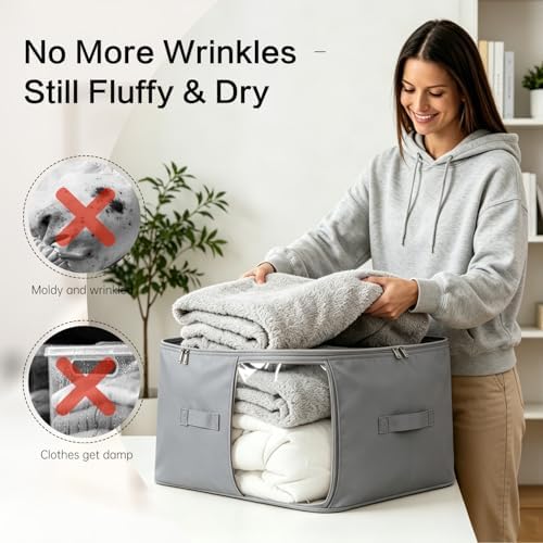 Comforter Storage Bag, Large Capacity Blanket Storage Bags 3-Layer Ultra Space Saving Self Compression Organizer, Heavy Duty Space Saver Organizer for Bedding, Clothes, Blanket, 2-Pack, Gray