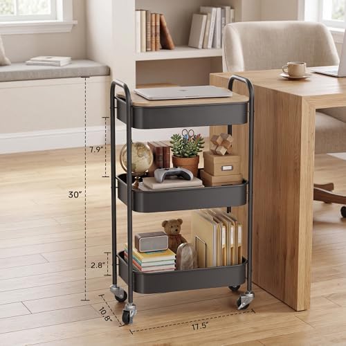 DTK 3 Tier Rolling Cart with Wheels, Heavy Duty Metal Utility Cart, Mobile Storage Organizer with Lockable Casters, Multi-Purpose Rolling Cart for Nursery, Bathroom, Kitchen, Office, Classroom