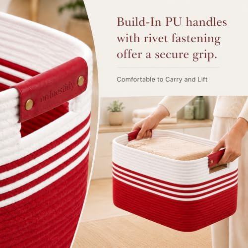 12.8GAL Kids Stuffed Animal Toy Storage Organizer, Cute Mini Nursery Laundry Basket for Baby Girls Boys Dirty Clothes, Picture Books, Small Cotton Rope Wicker Hamper for Bathroom Towels White Red