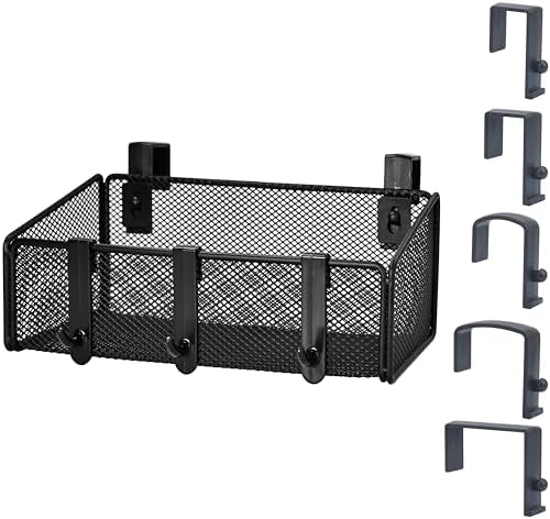 JDYOOMI Bedside Caddy Shelf Hanging Storage Basket for Bunk Bed, Office Cubical Walls, Baby Rails, College Dorm Organizer - 5 Pairs Sized Hooks for Phone, Glass, Magazine, Decor (Black)