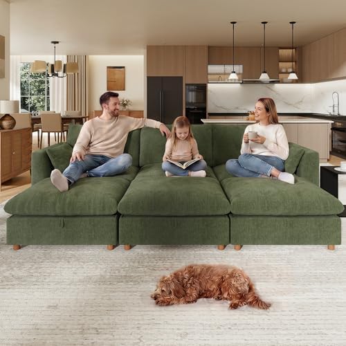 WorthFurni Oversized Modular Sectional Sofa,111" Sleeper Sofa Bed Sectional Cloud Couch with Storage Ottoman,Comfty 6 Seat Modular Sofa for Living Room,Green Chenille