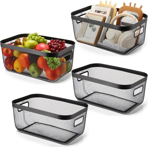 MorningRo 4 Pack Metal Mesh Basket with Hollow Handles Black Wire Storage Bin for Organizing Stackable Metal Fine Mesh Basket for Pantry Bathroom Kitchen Cabinets Shelves (X-Large)