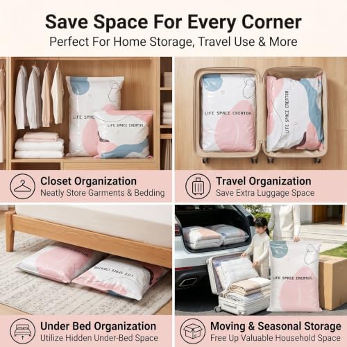 8PCS No Pump Vacuum Storage Bags, No Pump Large Vacuum Storage Compression Bags, Thick Airtight Reusable Organizer for Clothes Comforters Travel Moving Closet Storage (M)