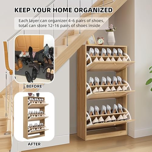 Finnhomy 3 Tier Shoe Cabinet with Natural Rattan Flip Drawers for Entryway, Free Standing Slim Shoe Storage Organizer with Large Top Board, Shoe Cabinet with Adjustable Width Drawers, Natural