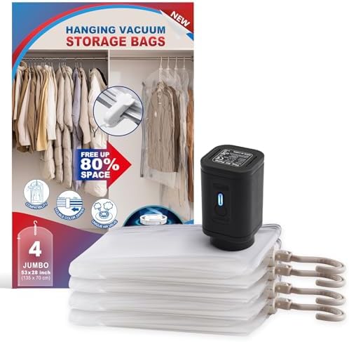 Hanging Vacuum Storage Bags, Space Saver for Clothing, 4 Long with Pump | Vacuum Seal Bags for Clothing with Electric Pump, Hanging Garment Storage for Jackets, Suit, Dresses, Winter Closet Organizer