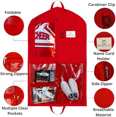 Waterproof Hanging Garment Bag 40 inch Clothes Bag with Gusset, 5 Pockets Side Zip for Dance Costumes Sports Skating Theatre Pageants Cheer Cosplay Kendall Country (Candy Apple Red, 40 inch)