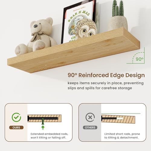 36in Floating Shelves for Wall, 36"W x 9.25"D x 1.25"H, 2 Pack Long Wall Mounted Engineered Wood Shelves with Invisible Brackets for Living Room, Bedroom, Bathroom, Kitchen Decor and Storage, Oak