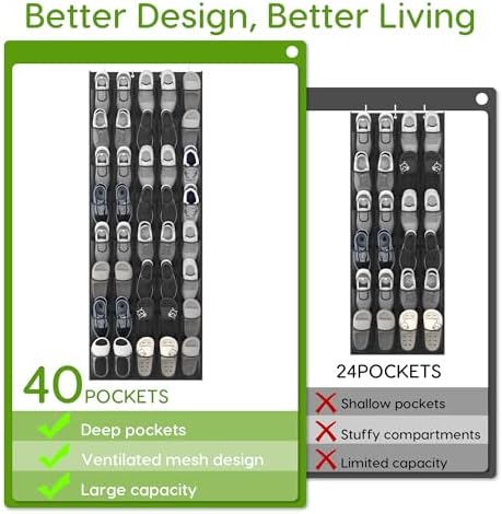 Over the Door Shoe Organizer with 40 Large Breathable Mesh Pockets, Space Saving Shoe Holder, Hanging Shoe Rack for Entryway Bedroom Closet Storage (Black, 80 Pockets)