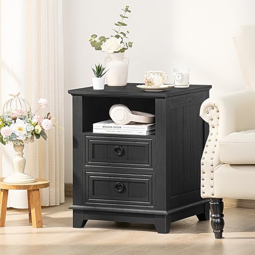 Joaxswe 18" Farmhouse Night Stand Set 2 with Charger Station & 2 Drawers | Nightstand with Storage, Black Bedside Table w/ 4 Wooden Legs, End Table Bedroom, Bed Side Tables for Living Room, Office