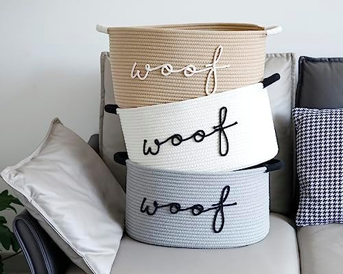 Woof Dog Toy Basket Woven Pet Baskets Storage Bin Box with Durable Handles, Pet Supplies Puppy Bins Perfect for Organizing Dog Toys Blankets and Accessories