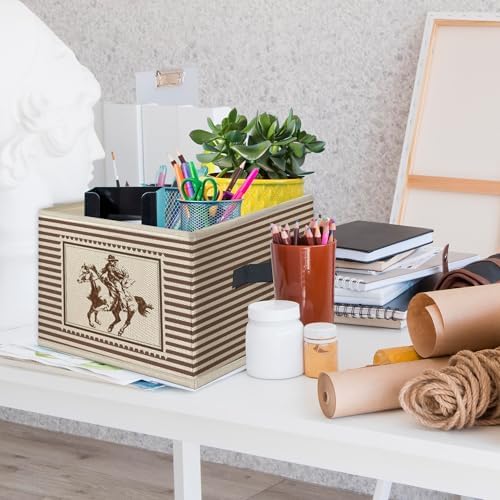 Vintage Western Cowboy Foldable Storage Bins Box with Handles, Western Country Cowboy Rodeo Horse Neutral Striped Collapsible Toys Books Clothes Organizer Basket for Bedroom Bathroom