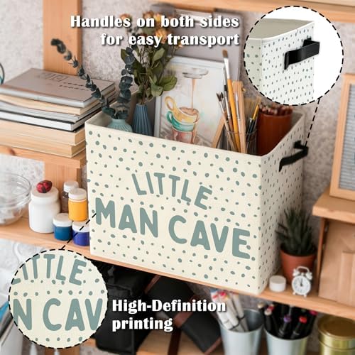Little Man Cave Boys Storage Bins Box with Handles, Blue Dots Collapsible Basket Organizer for Kids Boys Playroom Nursery Room Bedroom Bathroom Books Clothes