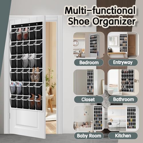 Kotkn Over the Door Shoe Organizer with 30 Breathable Mesh Pockets - Large Capacity Closet Storage for Men & Women, Hanging Shoe Rack Organizer (Black, 30-Pocket)