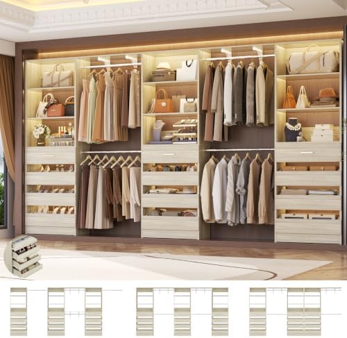 Aheaplus Closet System with 12 Drawers, 138.5" Custom Wood Closet Organizer