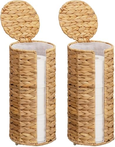 StorageWorks Water Hyacinth Free Standing Toilet Paper Holder Stand for Bathroom, 3 Rolls of Toilet Tissue Storage with a Built-in Cloth Lining, Toilet Roll Holder Stand with Lid (Pack of 2)