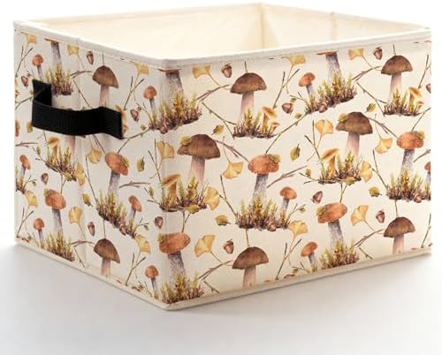 Rustic Cottagecore Mushroom Storage Bins Box with Handles, Vintage Botanical Mushroom Foldable Basket Toybox for Bedroom Bathroom Laundry Room Home Clothes Toys Books