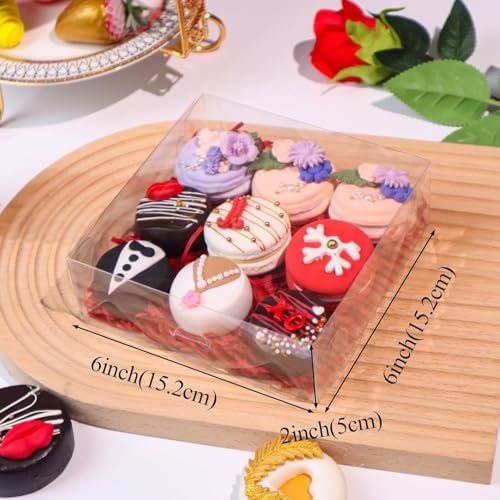 RomanticBaking 50pcs 6x6x2Inches Plastic Clear Babkery Box for Chocolate Truffle,Cookies, Chocolate Strawberries, Cake, Cakesickle Macaron & Treat Box for Christmas Valentine's