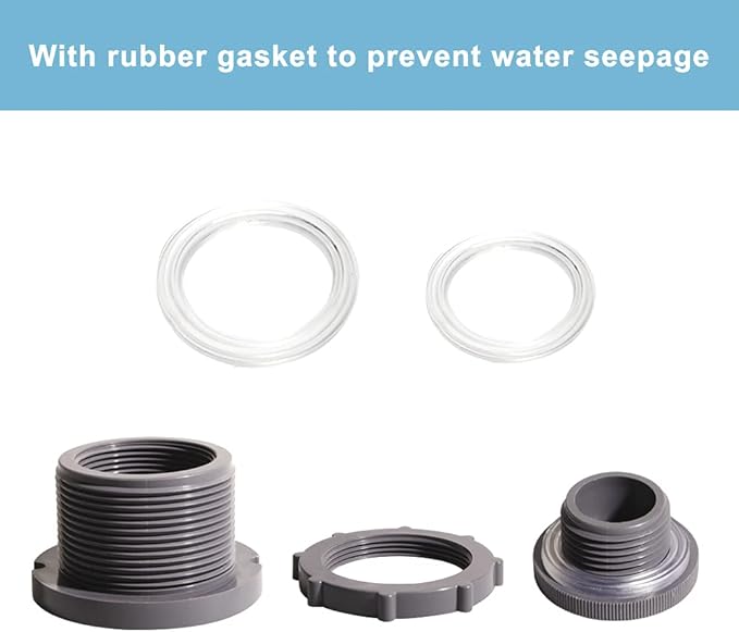 Ququyi 1.5 Inch PVC Bulkhead Water Tank Connector Adapter Fitting with Plugs Thru-Bulk Pipe Fitting for Rain Barrels, Aquariums, Ponds(Set of 2)
